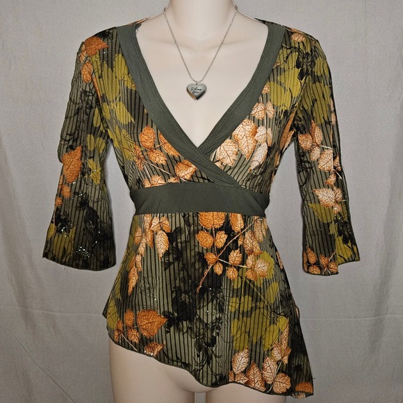 Y2k La Khaki Floral Wrap Blouse - Picture 1 of 7